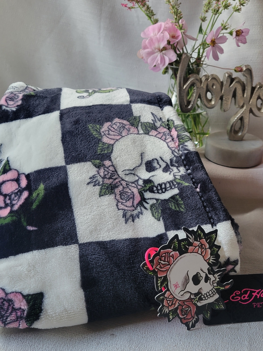 Ed Hardy Skull Rose Checkered Pet Throw